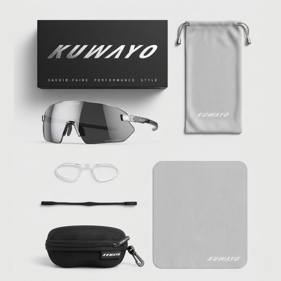 Le kit complet Kuwayo : boîte, lunettes, étui rigide, pochette, chiffon, sangle